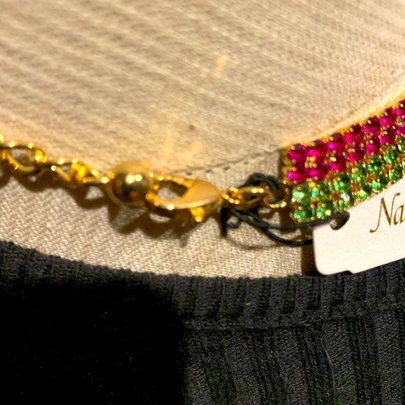 NECKLACE RHINESTONE PINK AND GREEN FLOWER NEW - Picture 6 of 7